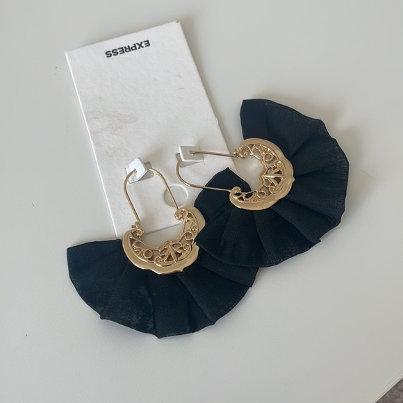 Black Ruffled Fabric Gold Pattern Earrings - Picture 2 of 4
